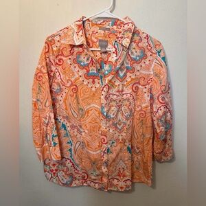 Chico's No Iron Wrinkle Resistant 100% Cotton Paisley Button Front Shirt Size 1